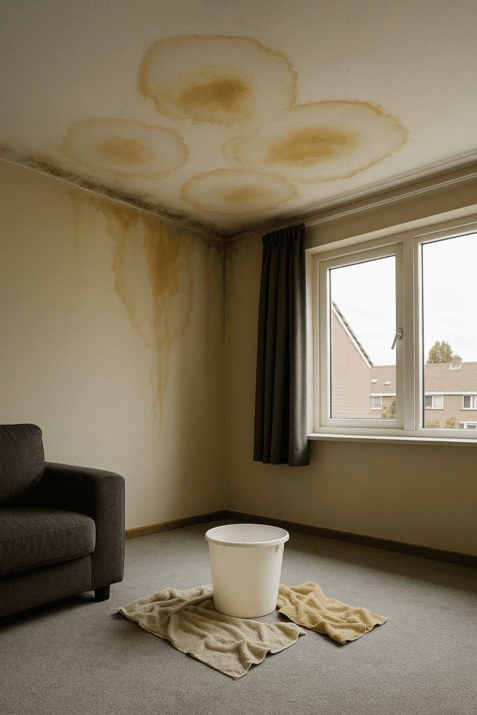 Daklekkage zichtbaar door vochtplekken en lichte schimmelvorming op het plafond van een Nederlandse woning