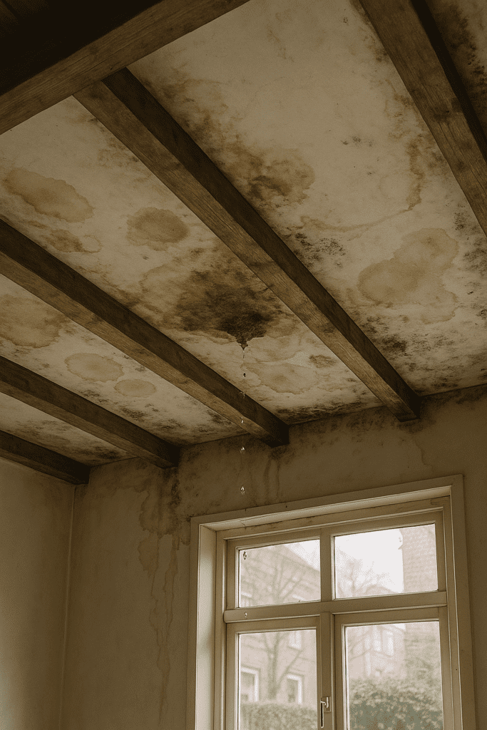 Daklekkage met vochtplekken en schimmelvorming op het plafond van een Nederlandse woning