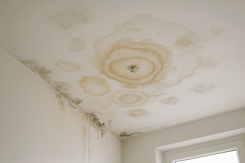Daklekkage op plafond met vochtplekken en schimmel in Nederlandse woning
