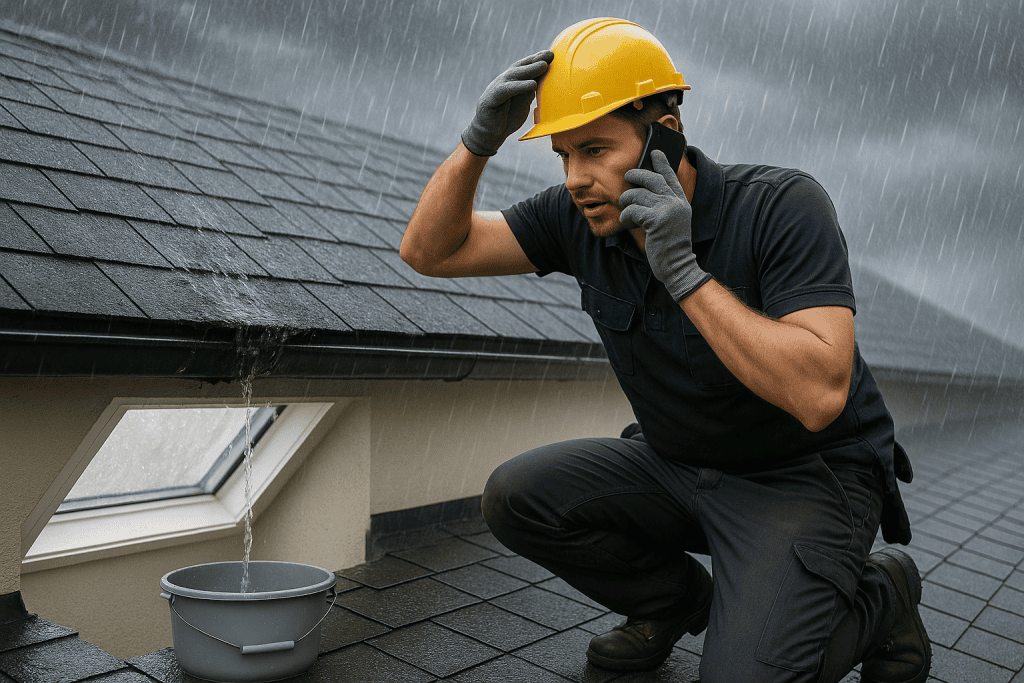 Daklekkage tijdens zware regen met zichtbare waterschade aan het plafond